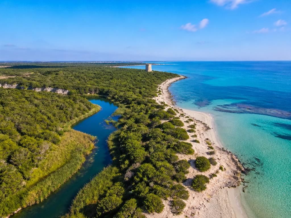 Aerial view of Le Cesine protected area with Torre Specchia Ruggeri